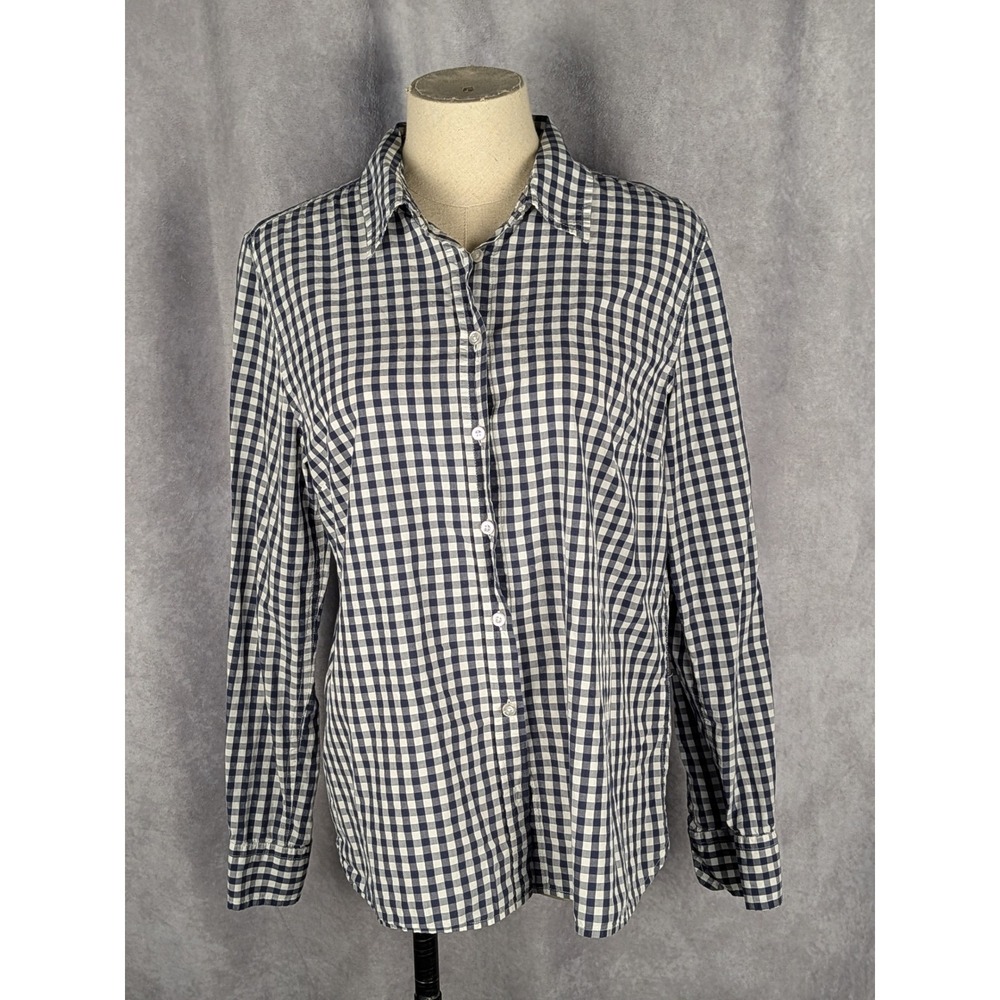 Talbots Womens Medium Navy Blue White Gingham Check Button Down Roll Tab Shirt